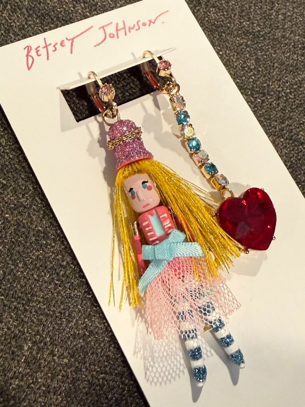 Betsey Johnson Nutcracker Girl Rhinestone Heart Asymmetric Earrings NWT